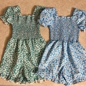 Floral Smocked Romper Set in Green and Blue